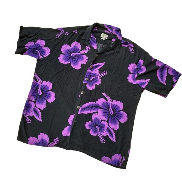 Aloha Hut Hawaii Purple Black Floral Casual Short Sleeve Hawaiian Shirt XL - Picture 1 of 5